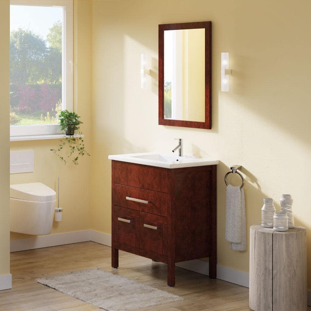 Walnut Plywood Single Sink Freestanding Vanity with White Ceramic Top