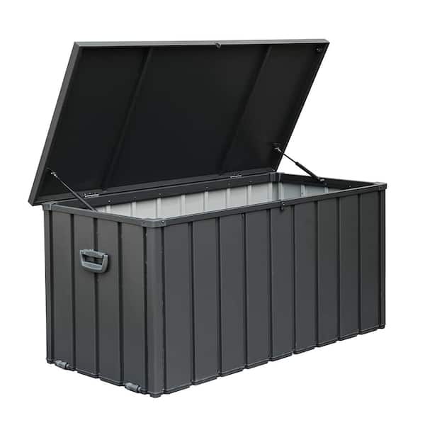 BTMWAY 200 Gal. Dark Gray Metal Outdoor Storage Deck Box Storage Box Waterproof w/Hydraulic Rod, Caster, Slight Slope Design