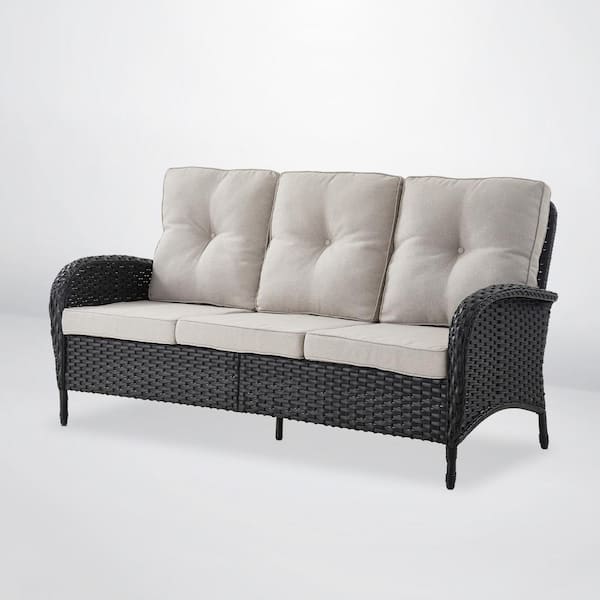 PlainCurve Metal and Black Wicker Outdoor 3-Seat Sectional Couch Patio Sofa with Olefin Beige Cushions