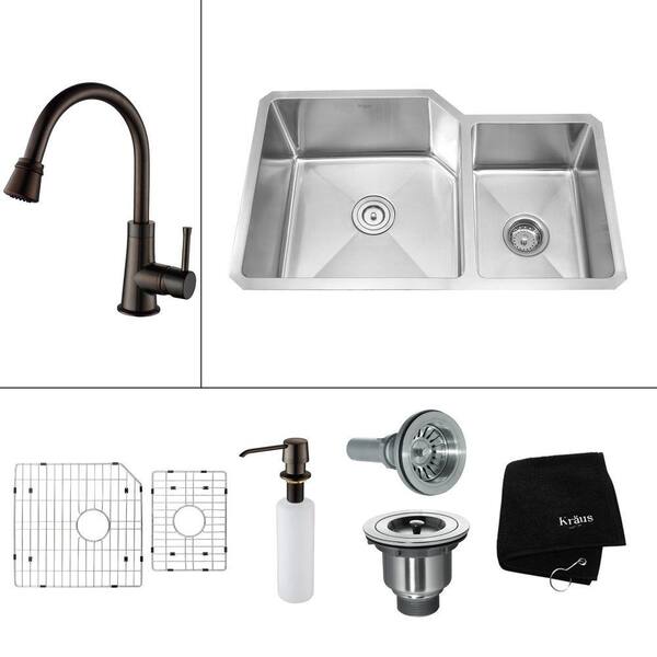 KRAUS All-in-One Undermount Stainless Steel 32x20x14 in. 0-Hole Double Bowl Kitchen Sink with Oil Rubbed Bronze Accessories