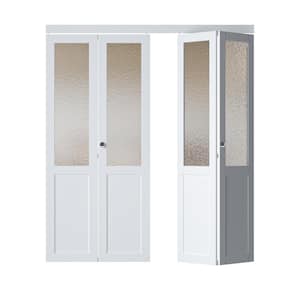 72 in. x 80.5 in. 1/2 Lite Tempered Kasumi Ripple Glass Solid Core White Finished Closet Bifold Door with Hardware