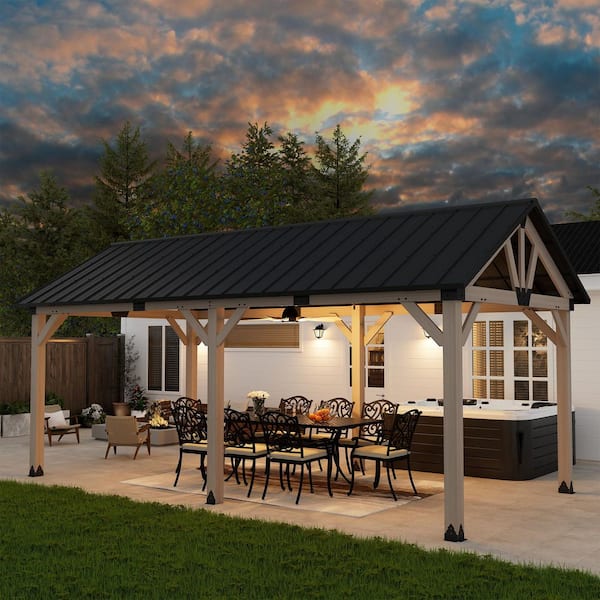 Greenwich 12 ft. x 20 ft. Outdoor Patio Canopy Shelter Fir Solid Wood Frame Gazebo with Black Galvanized Steel Hardtop