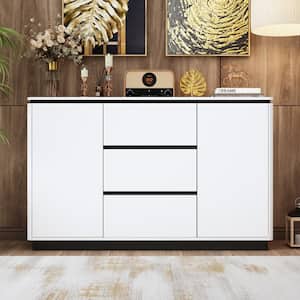 White Wood 55.1 in. W Sideboard Kitchen Cupboard with Adjustable Shelves, Drawers and Door Cabinets