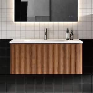 36 Striped Walnut Wall Mounted Floating Bathroom Vanity with White Ceramic Sink, Basin without Drain and Faucet