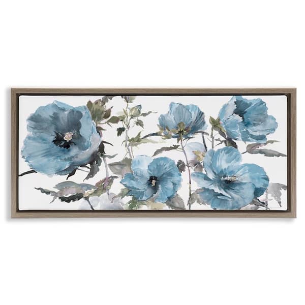 Blue Poppies on White by Theresa Heidel Brown Floater Frame Nature Graphic Art Print 14 in. x 31 in.