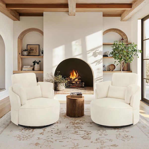 Noah Champagne Chenille Upholstered Swivel Chair Metal Base Accent Chair Comfy Barrel Armchair with Pillow Set of 2