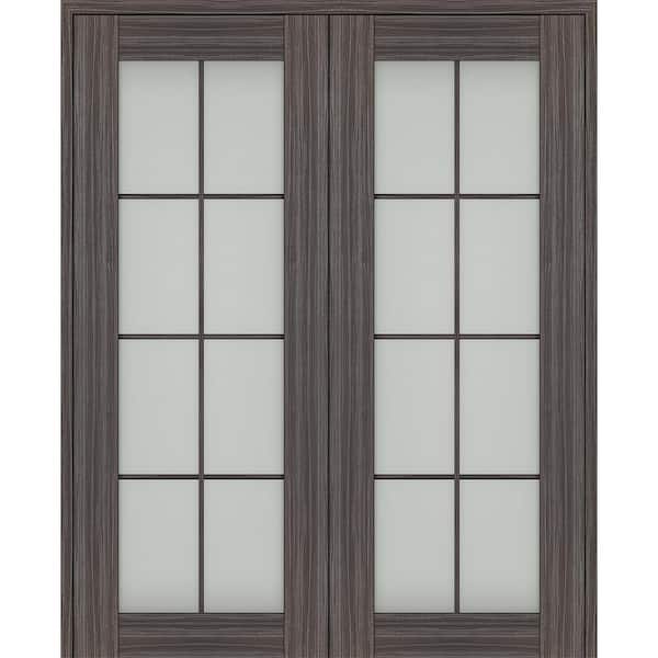 Paola 64 in. x 80 in. Both Active 8-Lite Frosted Glass Gray Oak Wood Composite Double Prehung French Door