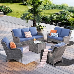 Mona Lisa Gray 5-Piece Wicker Outdoor Patio Conversation Seating Set with Denim Blue Cushions