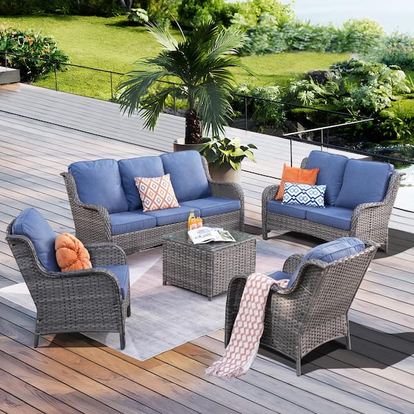 XIZZI Mona Lisa Gray 5-Piece Wicker Outdoor Patio Conversation Seating Set with Denim Blue Cushions