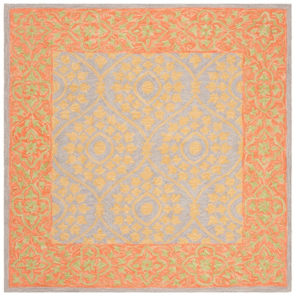Suzani 5 ft. x 5 ft. Orange/Silver Border Trellis Floral Square Area Rug