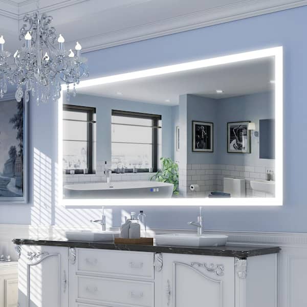 WELLFOR 84 in. W x 42 in. H Rectangular Frameless Dual Row LED Light Anti-Fog Wall Bathroom Vanity Mirror Front Light