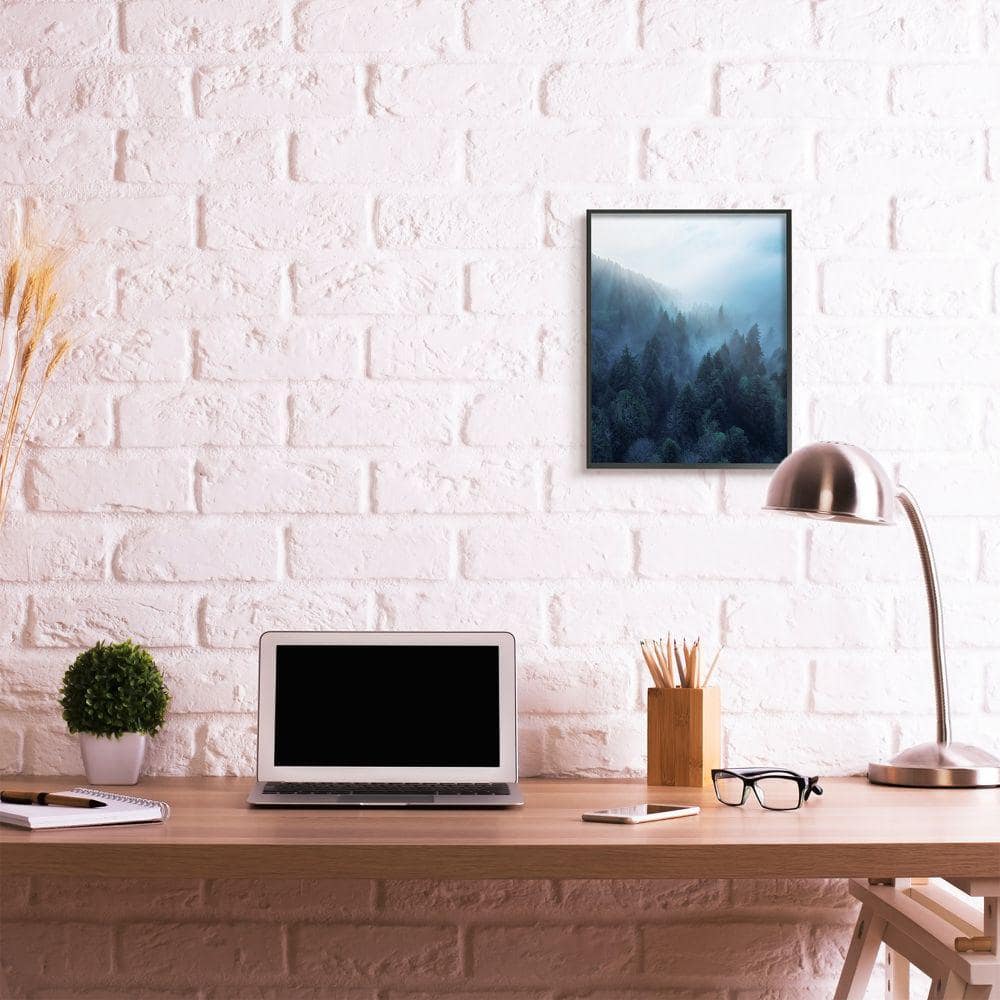 Daylight Over Pine Forest Mountain Landscape Print in Black Framed MDF