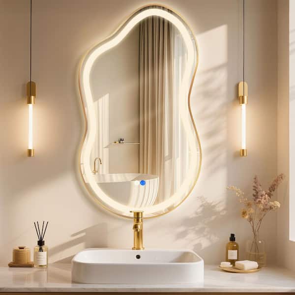 36 in. W x 24 in. H Asymmetrical Gold Framed LED Light Anti-fog 3-Colors Dimmable Irregular Wall Mirror