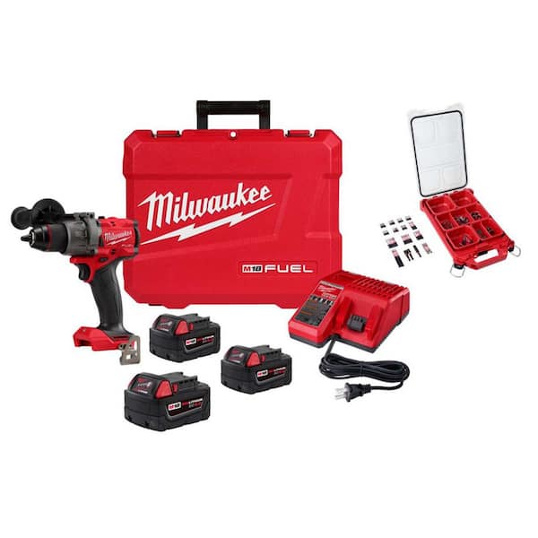 M18 FUEL 18V 1/2 in. Hammer Drill Kit w/ (3) 5. 0Ah Batteries, Hard Case with 100-Pc Bit Set w/ PACKOUT