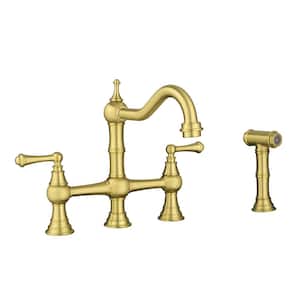 Double Handle Bridge Kitchen Faucet with Side Sprayer 4 Holes Brass Kitchen Sink Faucets in Brushed Gold