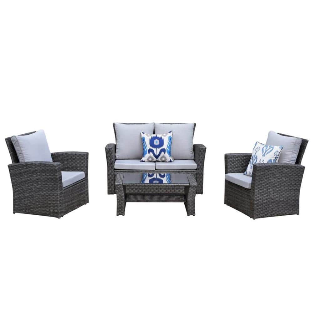 4 -Piece Gray Wicker Outdoor Modern Seater Sectional Set Couches with Gray 