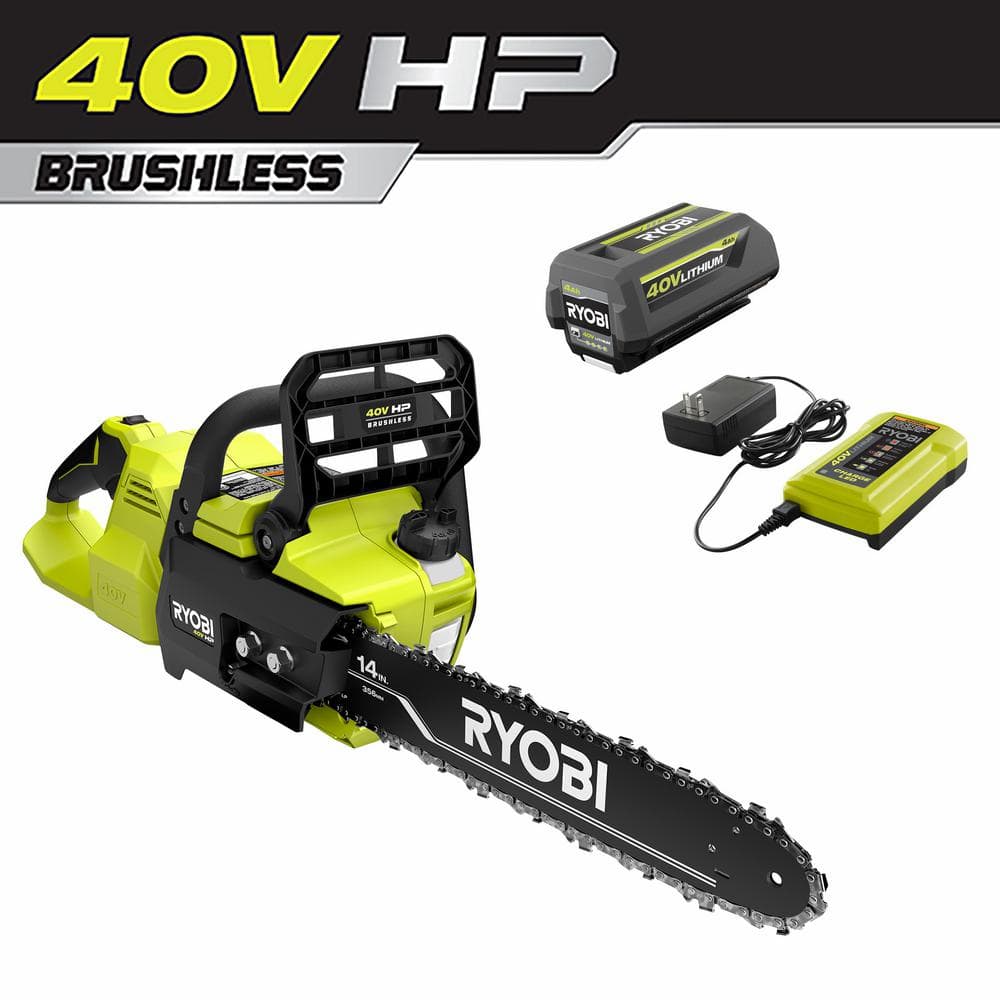 RYOBI 40V HP Brushless 14 in. Battery Chainsaw with 4.0 Ah Battery and Charger -  RY405100
