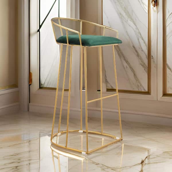 Benjara 30.5 in. Green and Gold Low Back Metal Frame Bar Stool with Velvet Seat