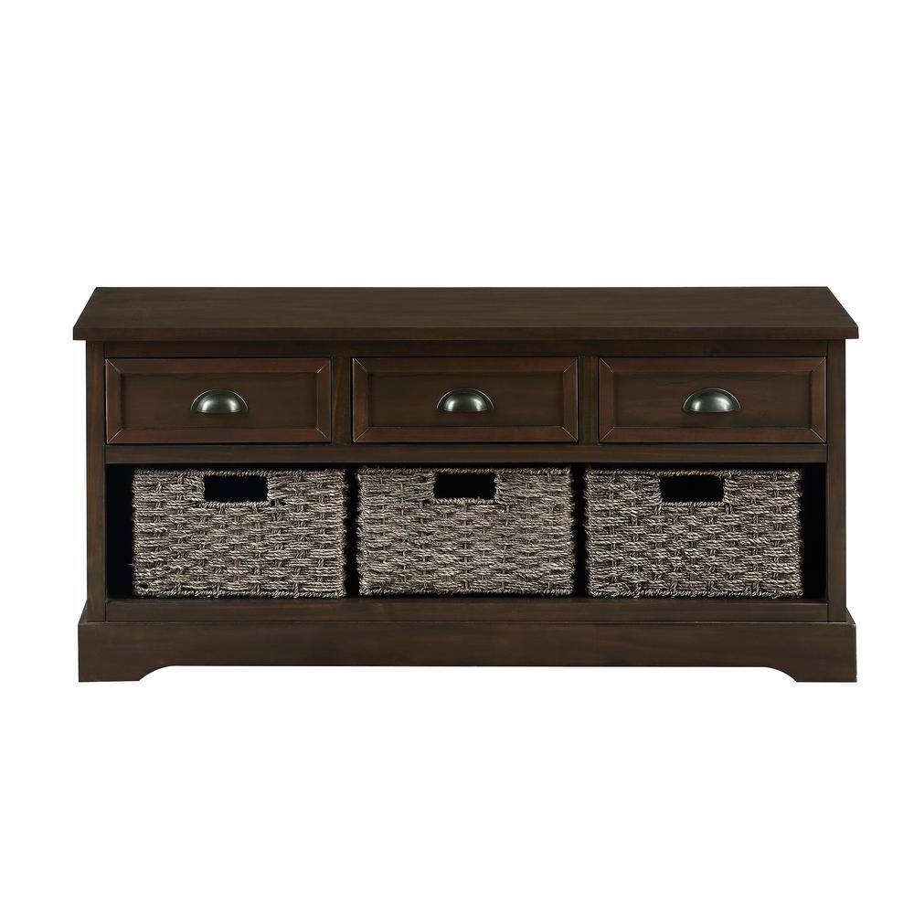 19.5 in. H x 42 in. W Walnut Wood Shoe Storage Bench Entryway Bench with 3-Drawers and 3-Woven Baskets price history on PriceWatchPro