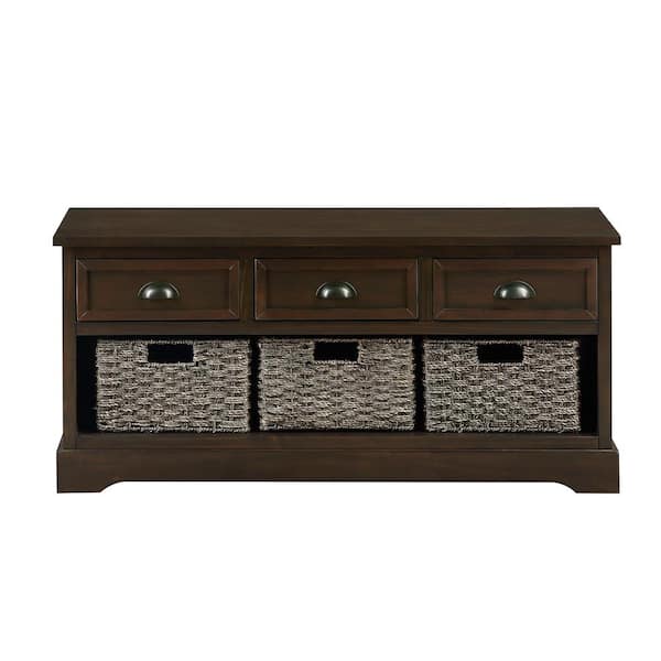 JASIWAY 19.5 in. H x 42 in. W Walnut Wood Shoe Storage Bench Entryway Bench with 3-Drawers and 3-Woven Baskets