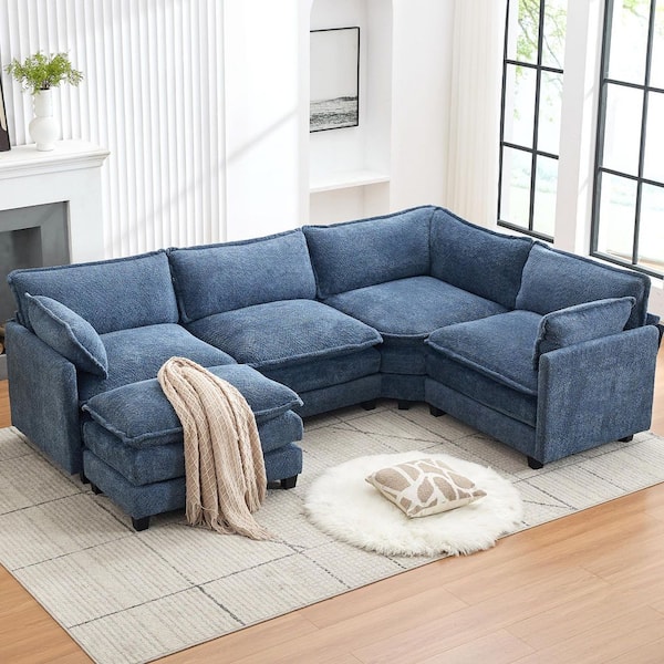 JEAREY 113.4 in. W Royal Blue Chenille Fabric Straight Arm L-Shaped Sectional Sofa Couch with Ottoman for Living Room