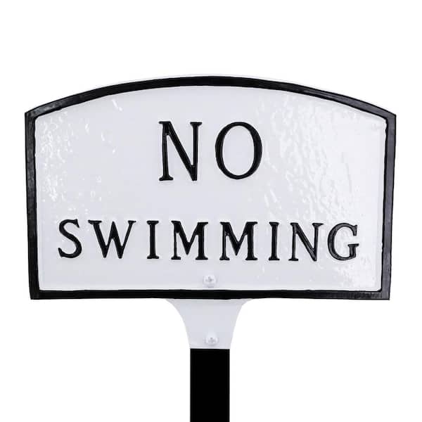 Montague Metal Products 5.5 in. x 9 in. Small Arch No Swimming Statement Plaque Sign with Lawn Stake - White/Black