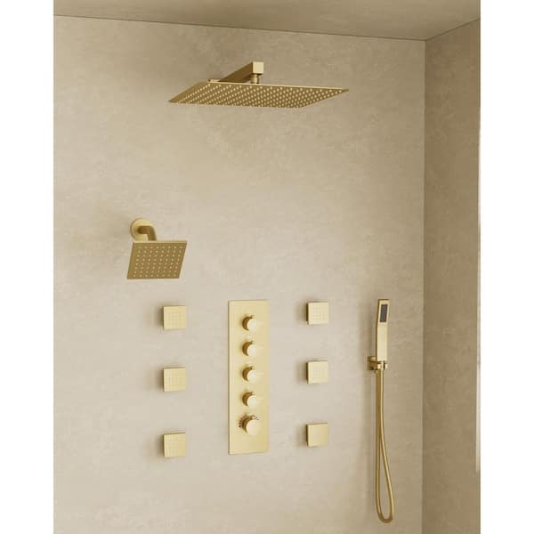 5-Handles Thermostatic Valve 15-Spray 16 in. 2.5 GPM Wall Mount Shower Faucet with Dual Adjustable Heads in Brushed Gold
