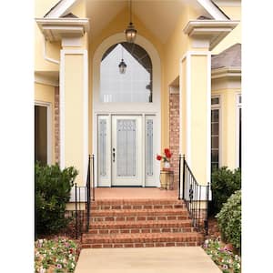60 in. x 80 in. Right-Hand Full Lite Mission Prairie Decorative Glass Primed Fiberglass Prehung Front Door w/ Sidelites