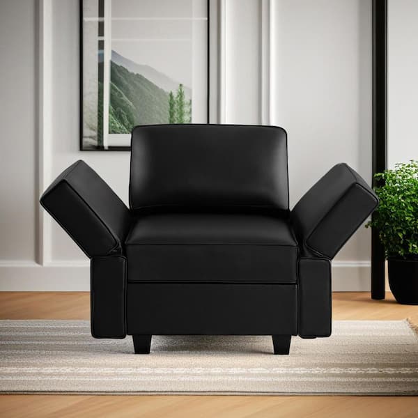 35.82 in. Square Arm 1-Piece Faux Leather Accent Chair/ Sectional Sofa in. Black with Ottoman and Streamlined Comfort