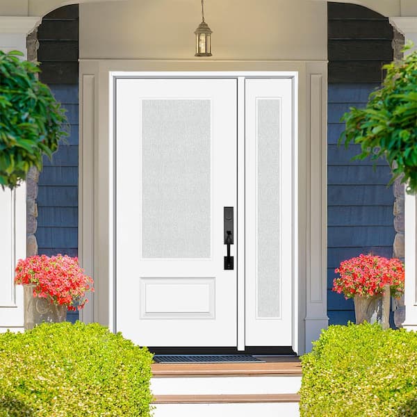 Legacy 51 in. x 80 in. 3/4-Lite Rain Glass LHIS White Fiberglass Prehung Front Door with 12 in. SL