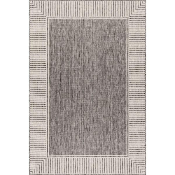 5 ft. x 8 ft. Grey Striped Border Flatweave Outdoor Area Rug