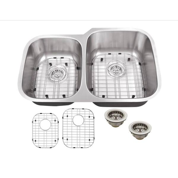 Schon All-in-One Undermount 16-Gauge Stainless Steel 31-1/2 in. 0-Hole 40/60 Double Bowl Kitchen Sink with Grids and Drains