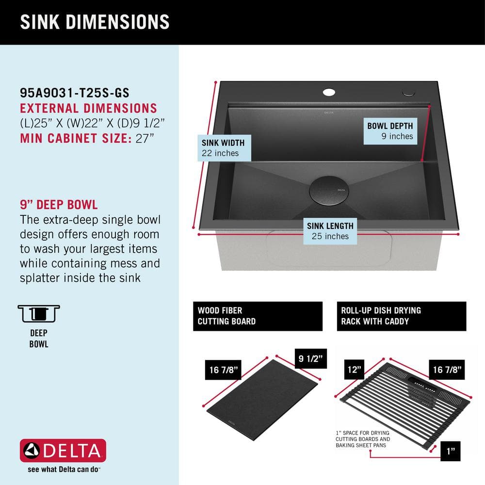 Delta Rivet 25" Black Stainless Steel Single Bowl Workstation Kitchen Sink