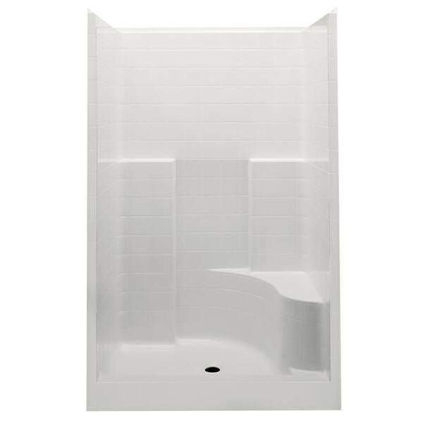 Aquatic Everyday Smooth Tile 48 in. x 34.9 in. x 76 in. 1-Piece Shower Stall with Right Seat and Center Drain in Biscuit