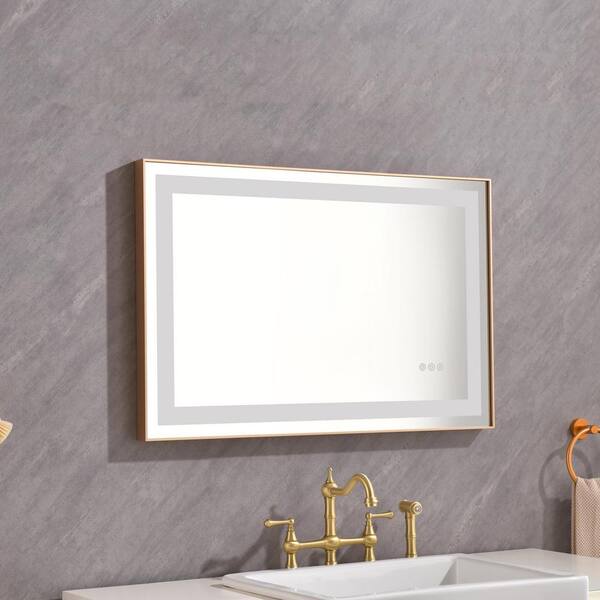 Polibi 36 in. W x 24 in. H Rectangular Frameless Wall Mounted LED Light Bathroom Vanity Mirror with Anti-Fog and Dimmable, Gold