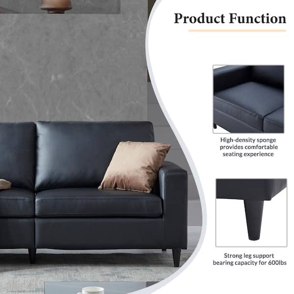 Harper Bright Designs Nobles 75 2 In Black Faux Leather Seat Sofa With Thick Cushions Wf212759aaf The Home Depot Black Faux Leather 2 Seat Sofa, Sofa Cushion Support Home Depot
