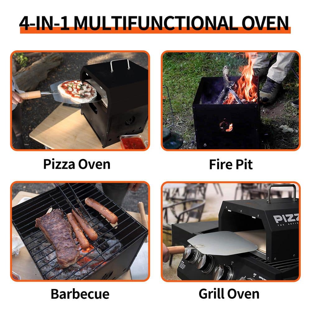 12-Inch Black Multifunctional Outdoor Pizza Oven with Grill and Firepit