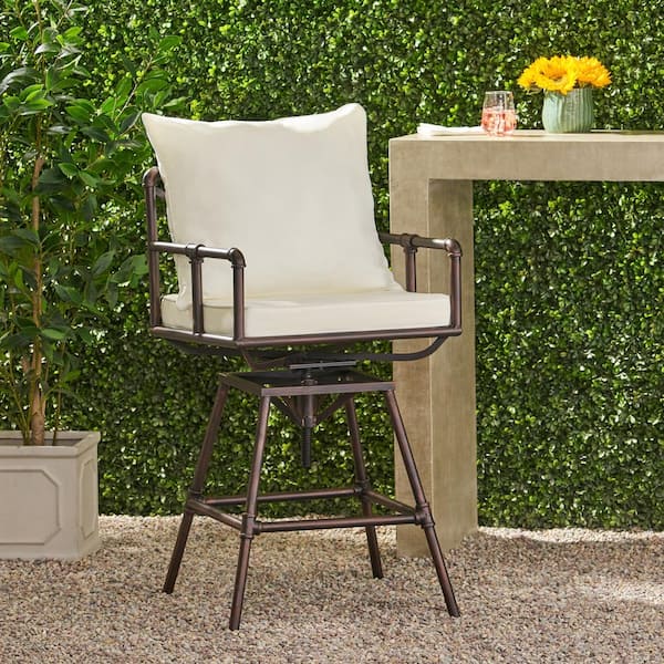 Unbranded 1-Piece Metal Outdoor Bar Stool Swivel Chair with Water-Resistant Beige Cushion, Adjustable High for Yard Garden Bench