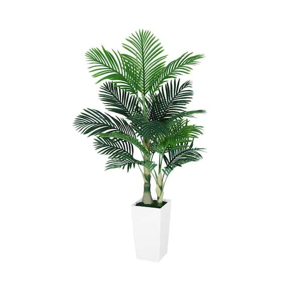 hykolity 5FT Golden Cane Palm Trees Artificial Tall Faux Palm Tree with White Planter with Natural Wood Trunk and Lifelike Leaves