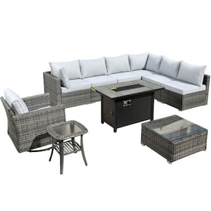 Messi Gray 10-Piece Wicker Outdoor Patio Conversation Sectional Sofa Set with a Metal Fire Pit and Light Gray Cushions
