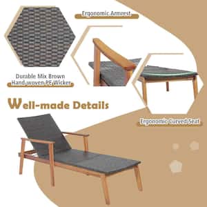 2-Pieces Outdoor Patio Rattan Chaise Lounge Chair Recliner Back Adjustable Acacia Wood