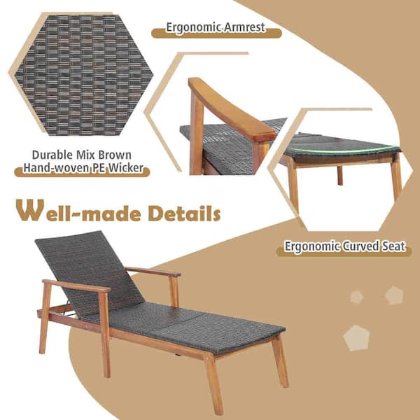 2-Pieces Outdoor Patio Rattan Chaise Lounge Chair Recliner Back Adjustable Acacia Wood