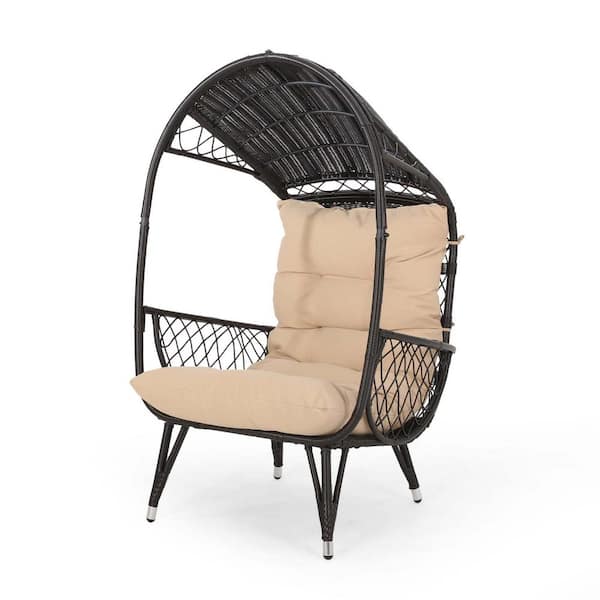 Unbranded Dark Brown All-Weather Wicker Indoor/Outdoor Egg Lounge Chair Oversized Patio Egg Chair with Tan Cushion