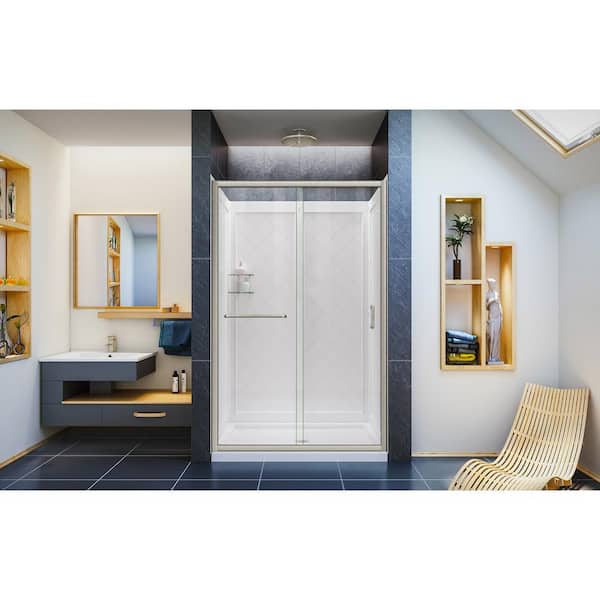 Infinity-Z 48 in. L x 36 in. W x 77 in. H Alcove Shower Door Kit w/ Shower Wall and Center Shower Pan in Brushed Nickel