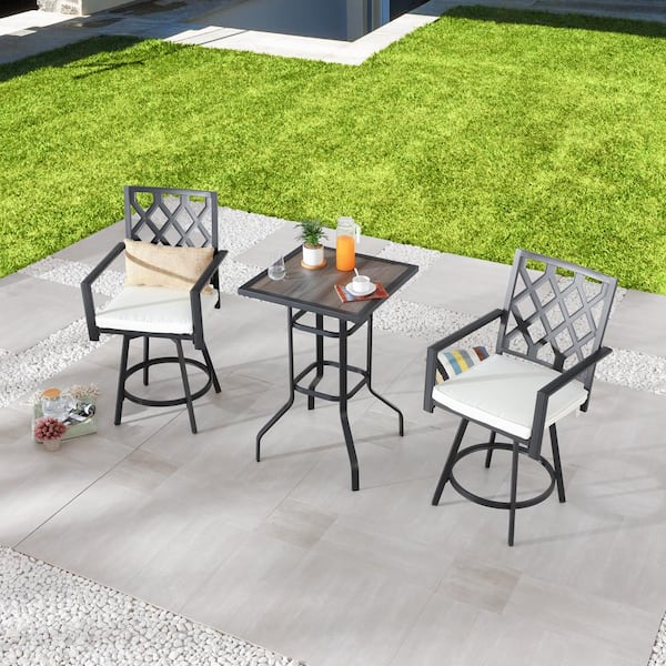 TOP HOME SPACE Black 3-Piece Metal Outdoor Bistro Set with White Cushion