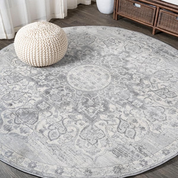 JONATHAN Y Modern Light Gray 6 ft. Round Persian Vintage Moroccan Medallion Area Rug