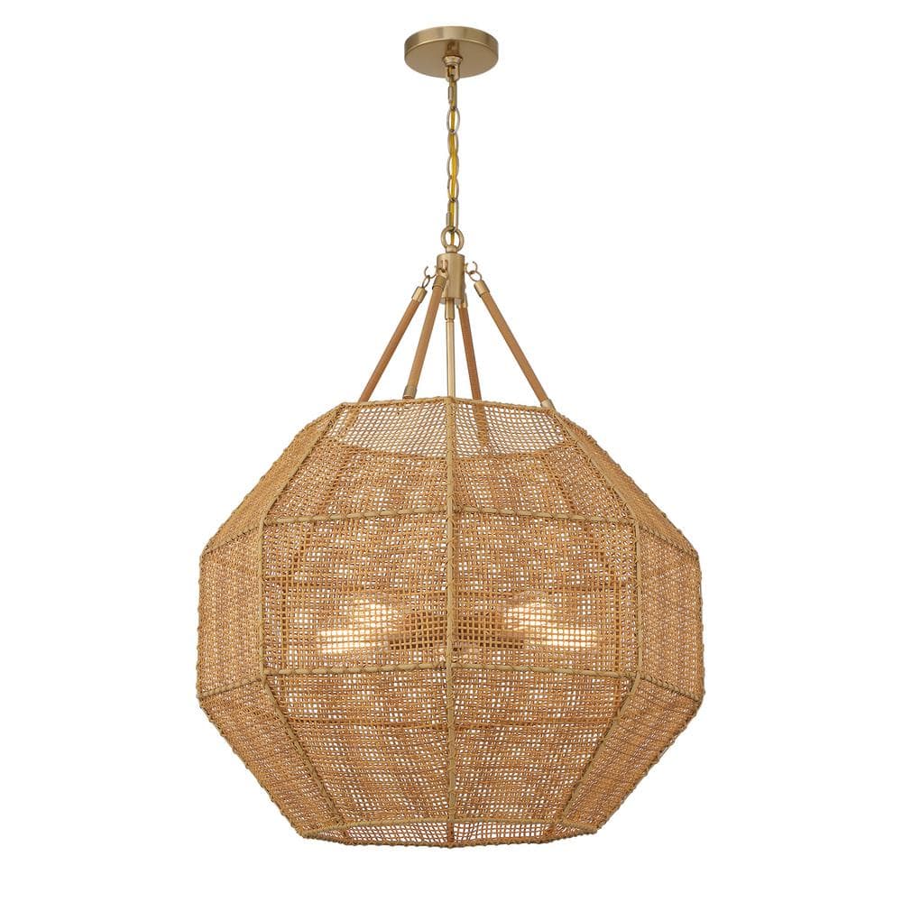 Burnished Brass and Rattan 5-Light Octagon Pendant