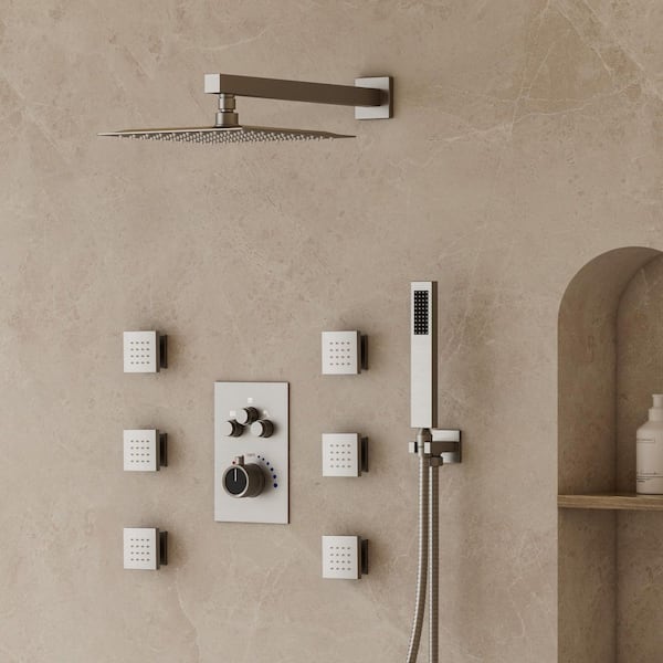 YAWWALK Rainspire 7-Spray 12 in. Wall Mount Square High Pressure Shower System with 6-Jets in Brushed Nickel (Valve Included)