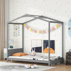 Gray Twin House Bed, Floor Bed, Tent Bed, Wood Platform Bed Frame with Headboard and Footboard for Toddlers Kids Teens