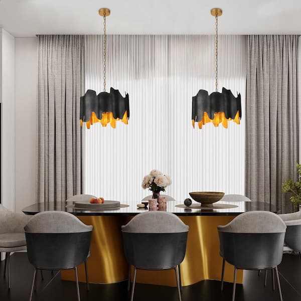 Dracaena 4-Light Gold Leaf Geometric Chandelier with Textured Black Metal Shade, No Bulb Included